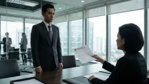 Ilustrasi karyawan yang mengalami PHK sepihak sedang mempelajari hak pesangon UU Cipta Kerja.